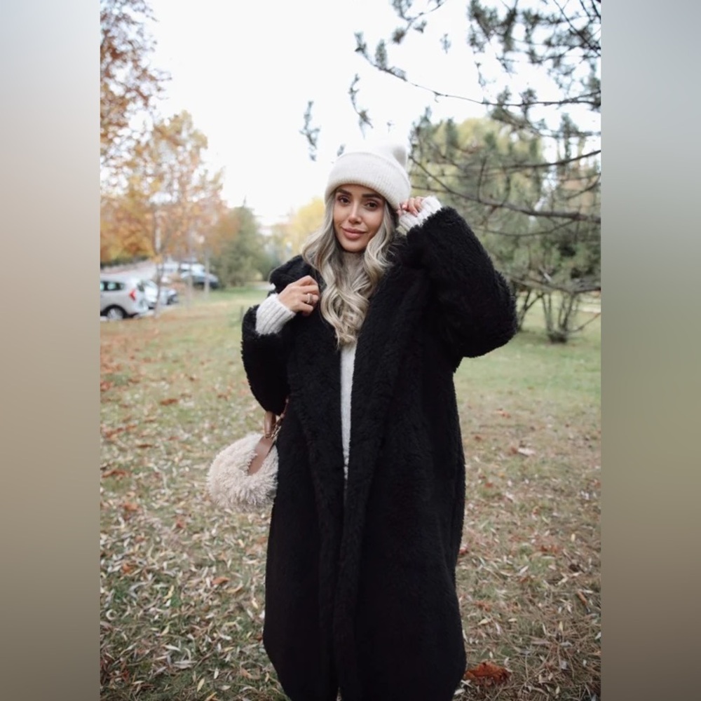 Black Faux Fur Coat with Floral lining
